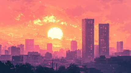 Obraz premium A majestic sunset over a city skyline, with the buildings silhouetted against a sky ablaze with pink and orange hues.