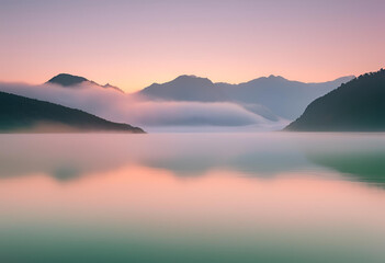 Obraz premium lake, water, sunset, landscape, sky, mountain, nature, sunrise, mountains, reflection, sea, clouds, dawn, forest, sun, fog, cloud, morning, calm, tranquil, view, blue, dusk, scenery, beauty