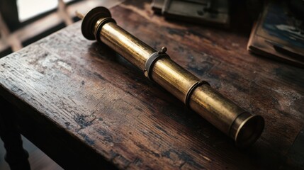 Obraz premium Close-up of an antique bronze telescope resting on an old wooden desk. Soft natural light illuminating the patina on the metal and casting shadows on the wooden surface.