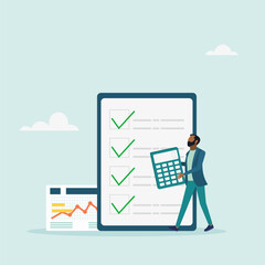 Accountant vector illustration. Jobs and professions concept. Character holding a calculator with checklist documents. Accounting and financial planning.	