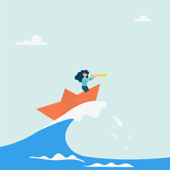 Character surfing the sea waves on a paper boat. Deal with crises with patience and foresight. Vector illustration.