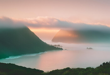 Fototapeta premium sea, sunset, sky, water, landscape, lake, mountains, ocean, mountain, nature, clouds, island, cloud, sun, sunrise, coast, dawn, travel, beach, horizon, seascape, shore, blue, reflection, summer