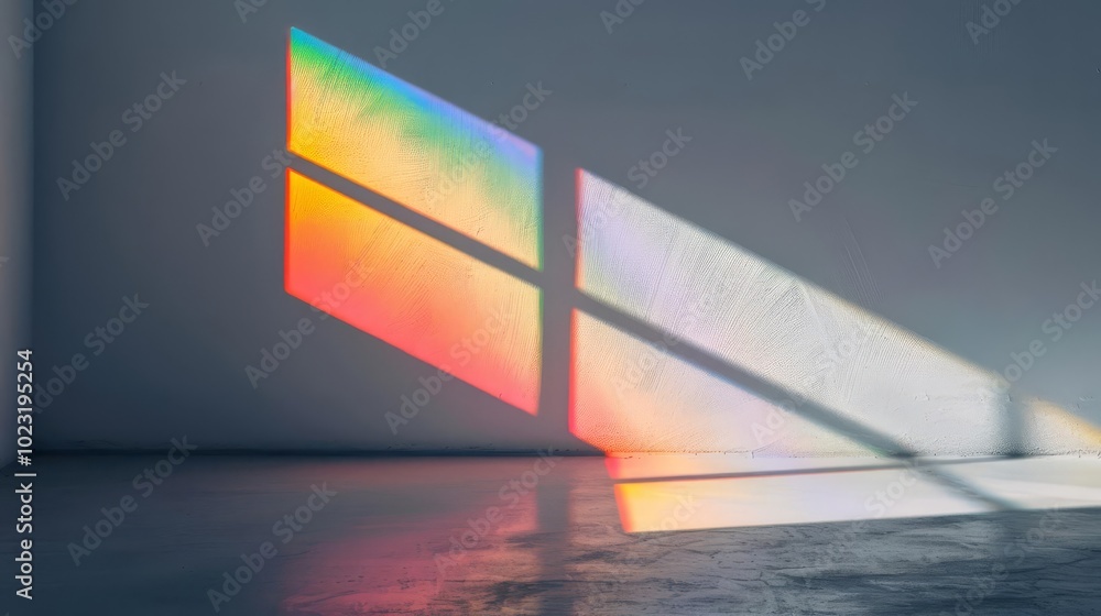 Poster rainbow light shining through window, creating abstract pattern on wall.
