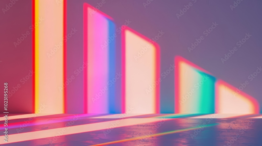 Poster rainbow light shining through window, creating abstract pattern on wall.