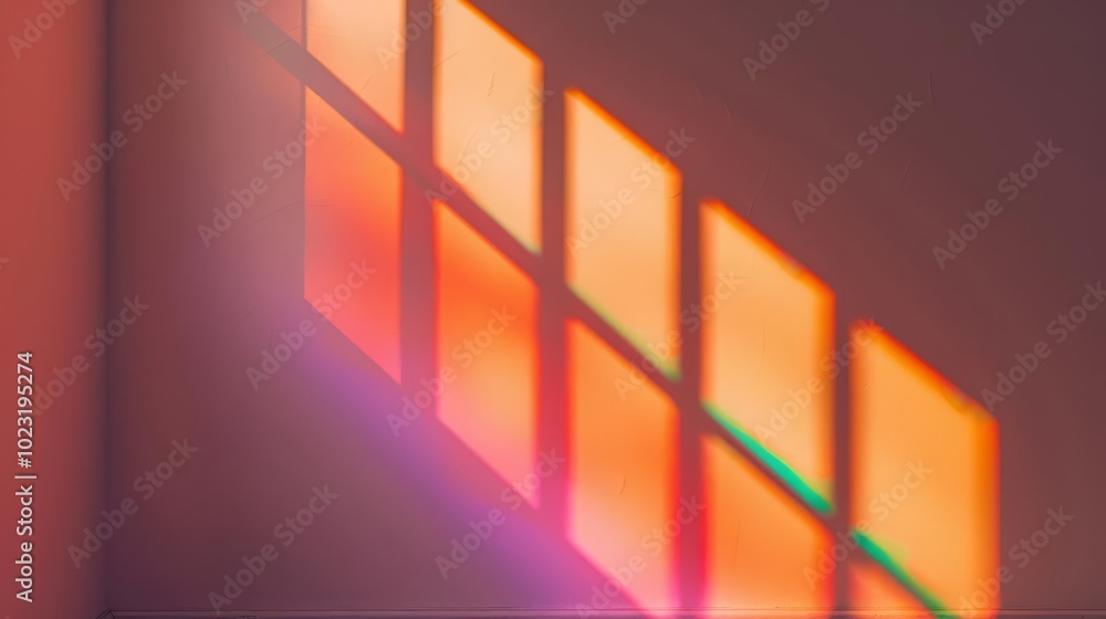 Poster abstract light pattern through a window pane, creating a colorful geometric design on the wall.