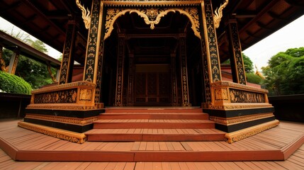 Fototapeta premium Thai cultural performance stage featuring traditional decor, with copy space