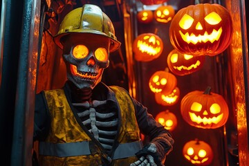 A skeleton worker in a hard hat among glowing Halloween pumpkins.