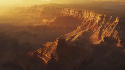 A majestic view of the Grand Canyon at sunset, with deep shadows and golden light illuminating the rocky formations.
