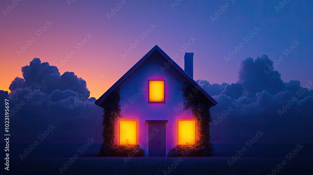 Poster a serene house illuminated at twilight, surrounded by dramatic clouds, creating a peaceful and encha