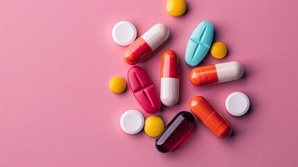 Assortment of colorful pills and tablets on a pink background.