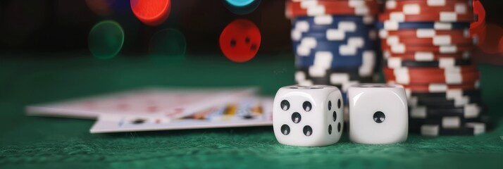 Two dice and poker chips on a green felt table.