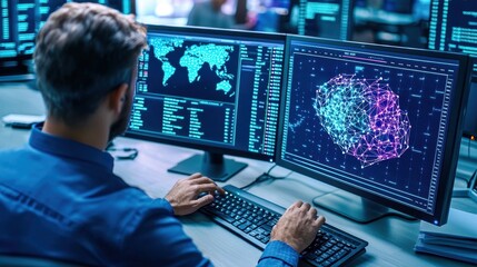 A data analyst working intently on multiple screens displaying network visualizations and global data trends.