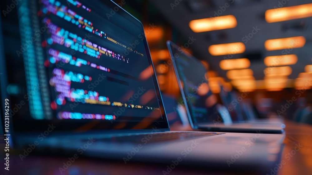 Poster laptop displaying code in a dimly lit room.