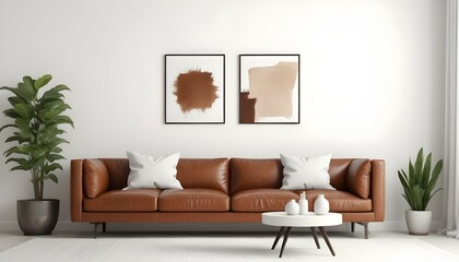 A modern living room with a large brown leather sofa, white throw pillows, and two Blank Canvas on the wall.