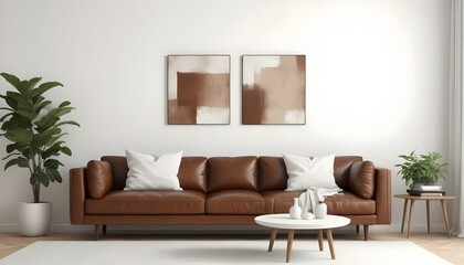 A modern living room with a large brown leather sofa, white throw pillows, and two Blank Canvas on the wall.