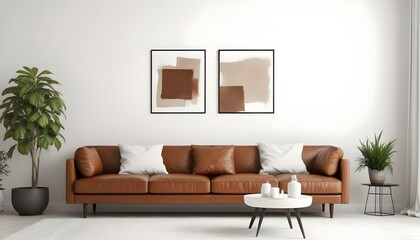 Fototapeta premium A modern living room with a large brown leather sofa, white throw pillows, and two Blank Canvas on the wall.