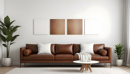A modern living room with a large brown leather sofa, white throw pillows, and two Blank Canvas on the wall.