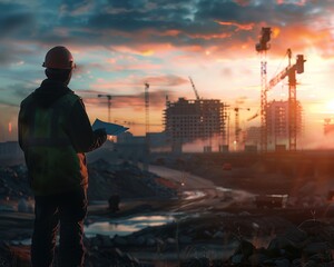 Project manager surveys the groundwork of future infrastructure, dawn of progress