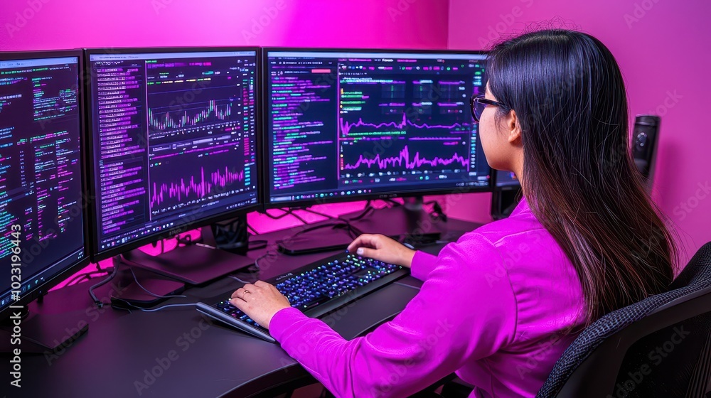 Poster a focused person analyzes data on multiple computer screens in a vibrant pink environment, showcasin
