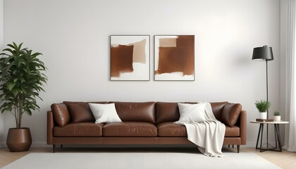A modern living room with a large brown leather sofa, white throw pillows, and two Blank Canvas on the wall.