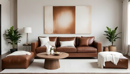 A modern living room with a large brown leather sofa, white throw pillows, and two Blank Canvas on the wall.