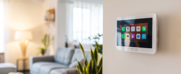A modern smart home control panel is displayed on a wall, surrounded by a cozy living room setting with a gray sofa and green plants.