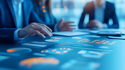 Naklejka premium Annual report meeting with colleagues and SEO managers in corporate setting analyzing data graphs utilizing artificial intelligence, automation technologies, digitization for informed decision-making