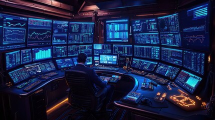 A modern trading room with multiple screens displaying data and charts, vibrant blue lighting, and a focused individual working.