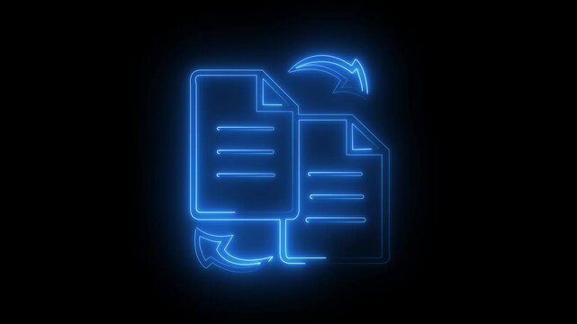 Abstract pdf transfer icon glowing neon on black background