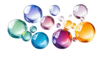 Floating iridescent liquid bubbles in various colors isolated on white