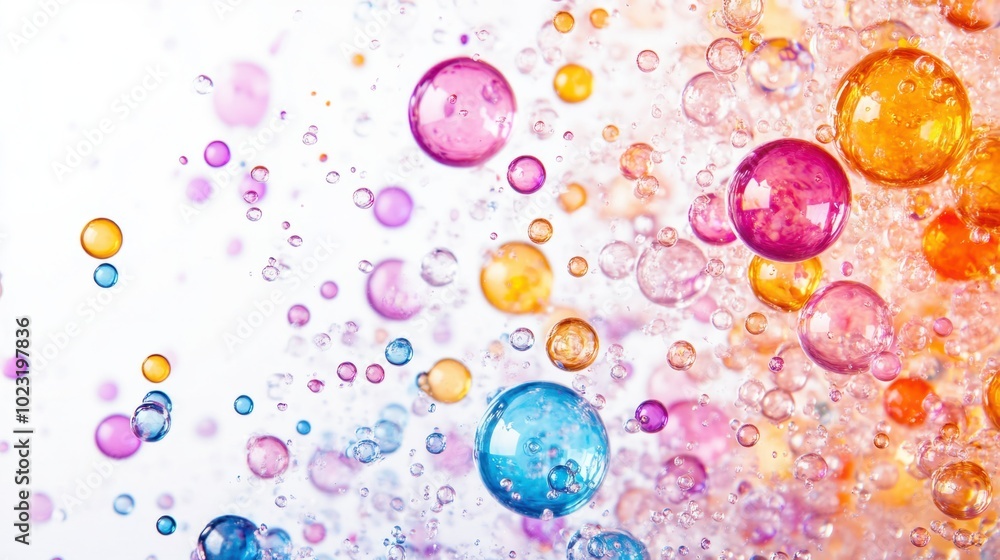 Poster floating multicolored liquid bubbles of varying sizes on a plain white background