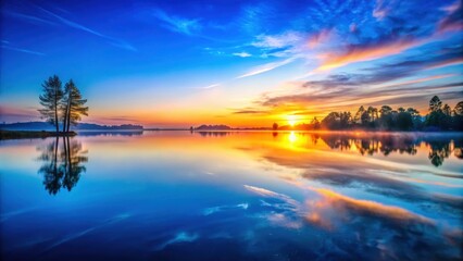 Obraz premium Tranquil lake mirroring a vibrant sunrise on a blue backdrop, symbolizing serenity and spirituality, serenity, spirituality