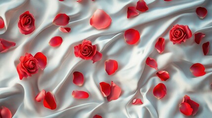 Romantic Red Rose Petals on Soft Satin Background