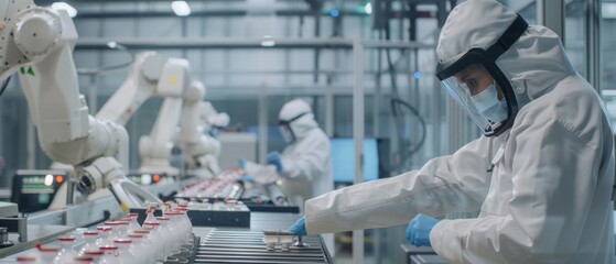 In a high-tech factory, workers in protective gear operate machinery, emphasizing precision and safety in production.