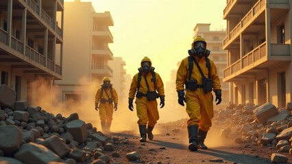A line of hazmat workers in bright yellow protective suits and gas masks walk through a debris-filled urban street at sunset. The image depicts a post-disaster scenario with damaged buildings and rubb