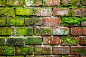 Naklejka premium Old brick wall covered in green moss showcasing aged textures
