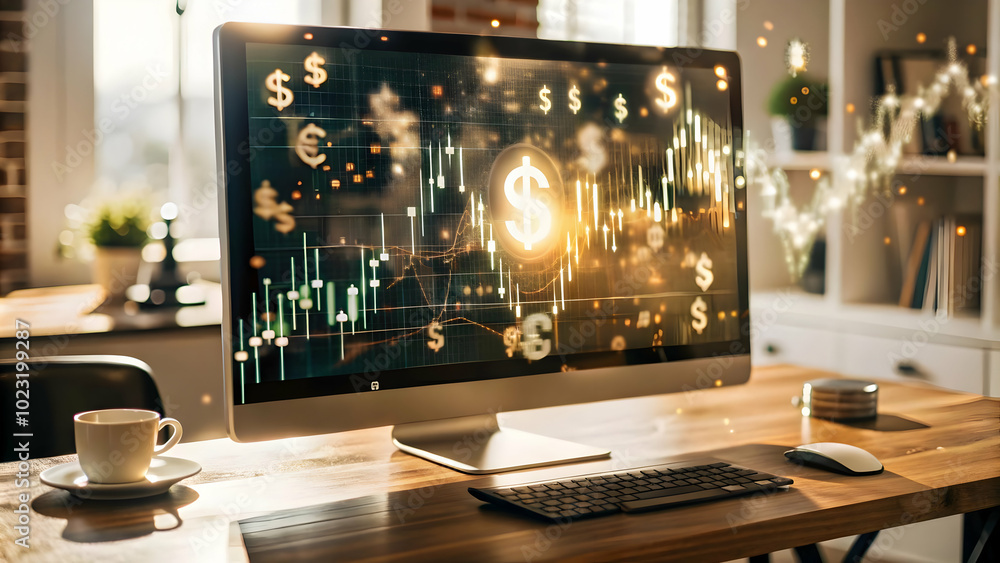 Poster glossy desktop monitor displaying holographic financial dashboards and floating currency symbols - i