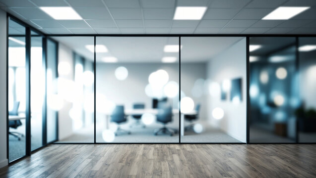 Blurred image of modern office interior with bokeh lights.