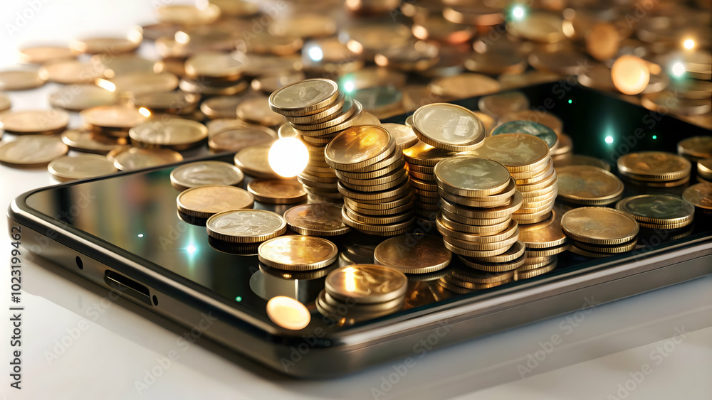 Aufkleber 3d glossy smartphone with floating holographic coins & calculator display in minimalistic design - p