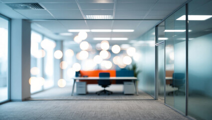 Blurred image of modern office interior with bokeh lights.