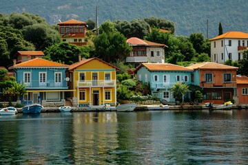 Obraz premium Charming Coastal Village with Colorful Houses and Serene Waters