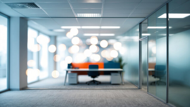 Blurred image of modern office interior with bokeh lights.