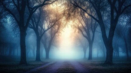 A misty forest with fog hanging low among the trees, creating a mysterious and tranquil atmosphere.