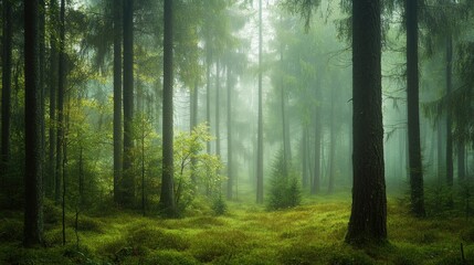 Fototapeta premium A misty forest with fog hanging low among the trees, creating a mysterious and tranquil atmosphere.
