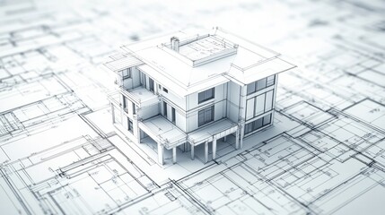 3D model of a building with blueprints on a white background, showcasing digital construction and BIM concept