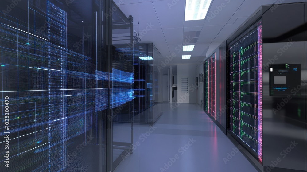 Poster 3d perspective of digital towers in a networking room, highlighting the interconnected infrastructur