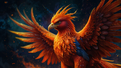 Stylized Digital Art of Vivid Phoenix with Blue Highlights	