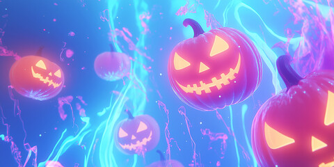 Abstract Jack-o’-lanterns with Blue Neon Light Distortions and Swirling Auras
