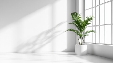 3D rendering of an empty office interior with a window and a plant pot, clean minimalist design, isolated on white Perfect for corporate space mockups