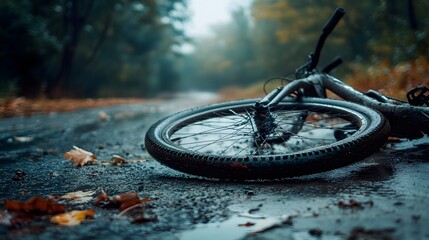 Abandoned Bicycle on Muddy Countryside Road in Autumn Rain and Fallen Leaves
